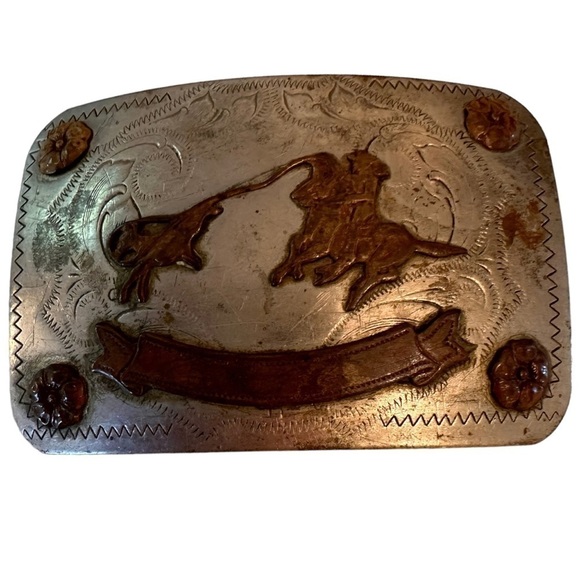 Vintage Nickel Silver Cattle Roping Rodeo Belt Buckle - Picture 1 of 4